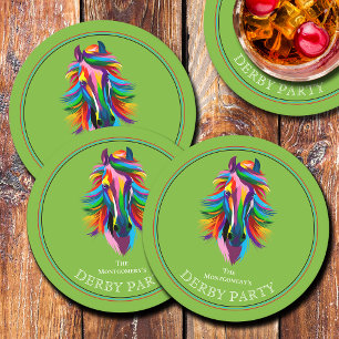 Colourful Racehorse Green Derby Round Paper Coaster