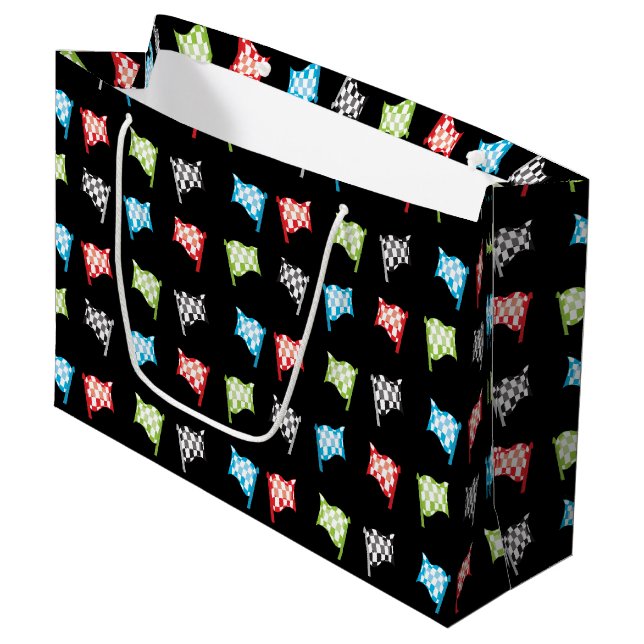 Colourful Racing Flags on Black Birthday Party Large Gift Bag (Front Angled)