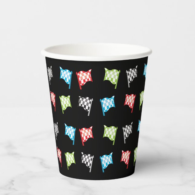 Colourful Racing Flags on Black Birthday Party Paper Cups (Front)