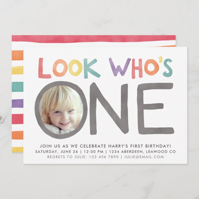 Colourful Rainbow 1st Birthday Invitations | Photo (Front/Back)