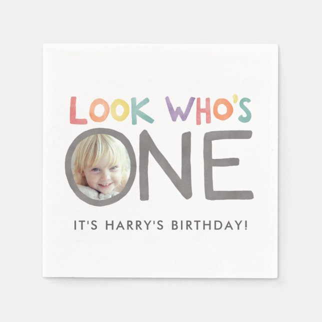 Colourful Rainbow 1st Birthday Photo Napkins (Front)