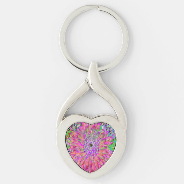 Colourful Rainbow Abstract Decorative Dahlia Flowe Key Ring (Front)