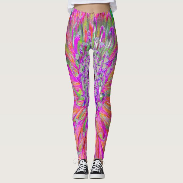 Colourful Rainbow Abstract Decorative Dahlia Flowe Leggings (Front)