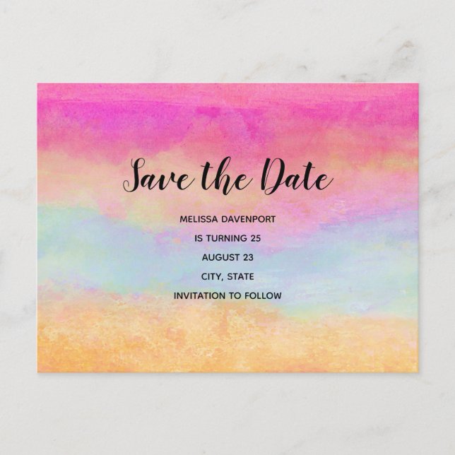 Colourful Rainbow Abstract Stripes Save the Date Invitation Postcard (Front)