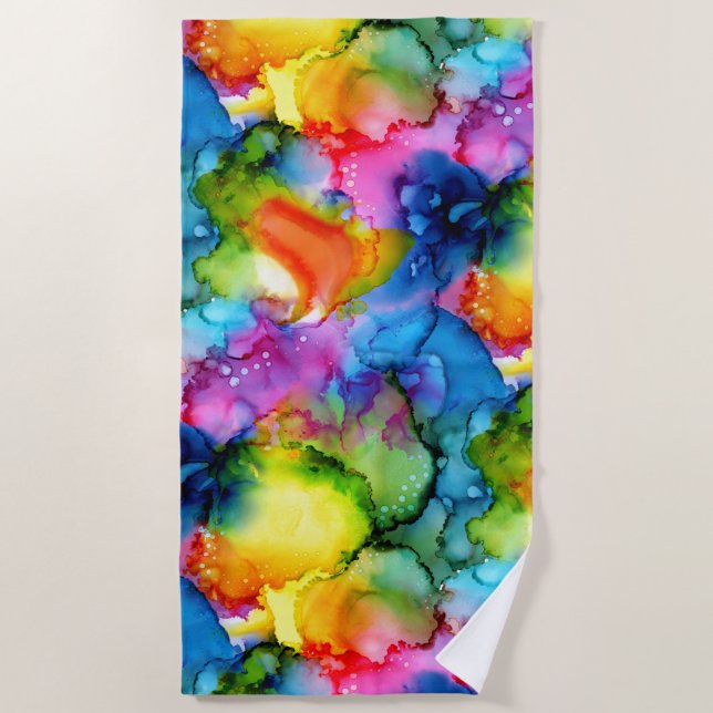 Colourful Rainbow Abstract Tie Dye Beach Towel (Front)
