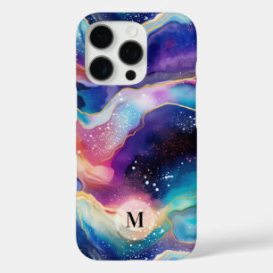 Colourful rainbow agate glitter texture monogram iPhone 16 pro case