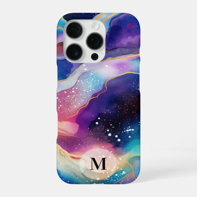 Colourful rainbow agate glitter texture monogram iPhone case (Back)