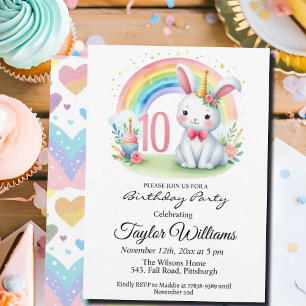 Colourful Rainbow and Bunny 10th Birthday Party Invitation
