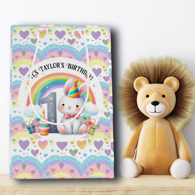 Colourful Rainbow and Bunny 1st Birthday Party Medium Gift Bag (Creator Uploaded)