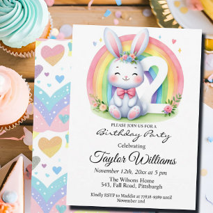 Colourful Rainbow and Bunny 2nd Birthday Party Invitation