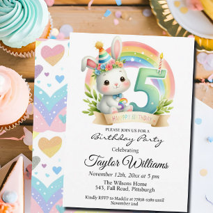 Colourful Rainbow and Bunny 5th Birthday Party Invitation