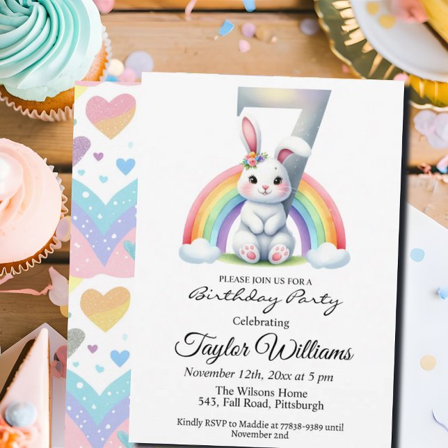 Colourful Rainbow and Bunny 7th Birthday Party Invitation (Creator Uploaded)