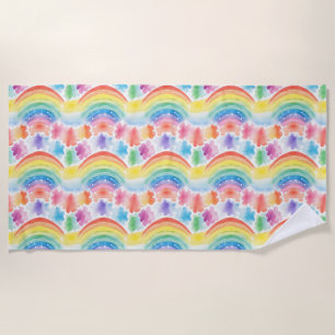 Colourful Rainbow and Clouds Watercolor Painting Beach Towel