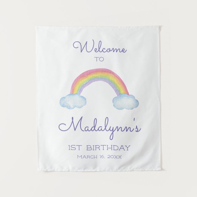 Colourful Rainbow and Clouds Welcome To Birthday Tapestry (Front)