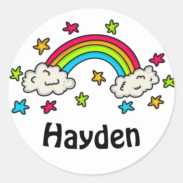 Colourful Rainbow and Stars Kids Name Classic Round Sticker (Front)
