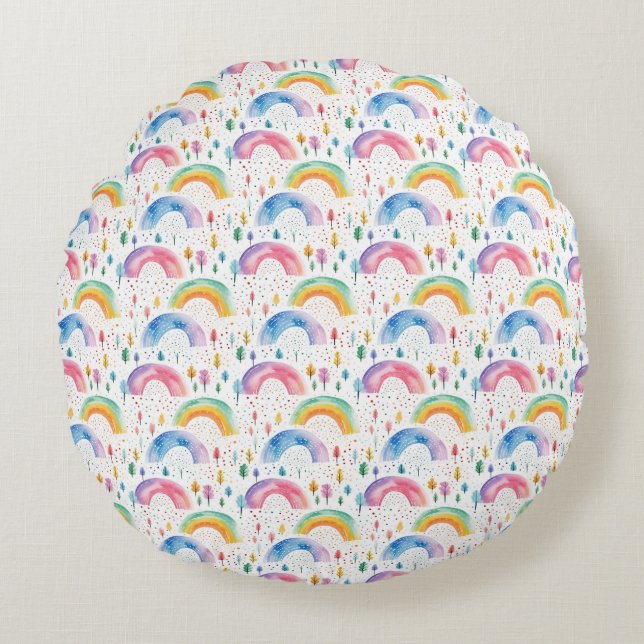 Colourful Rainbow and Tree Seamless Pattern Round Cushion (Front)