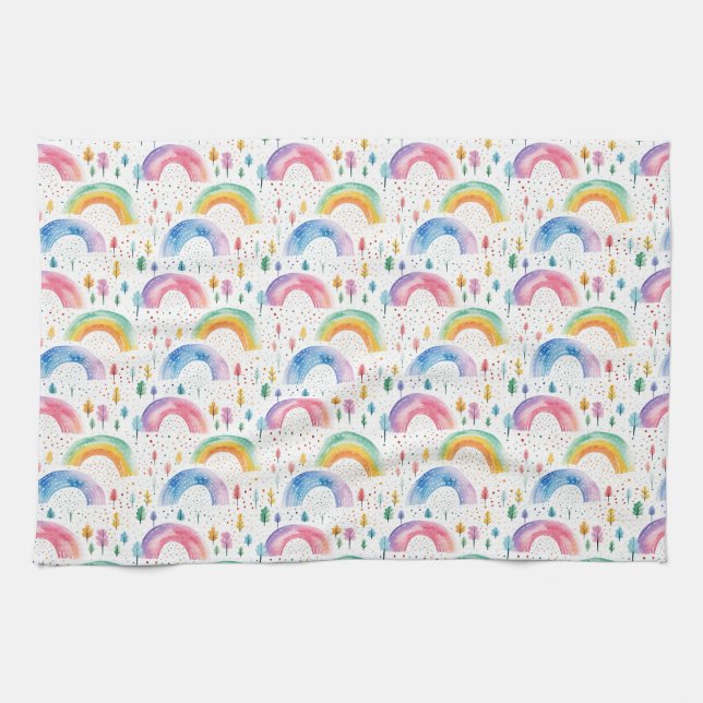 Colourful Rainbow and Tree Seamless Pattern Tea Towel (Horizontal)