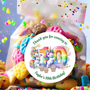 Colourful Rainbow and Unicorn 10th Birthday Party Classic Round Sticker
