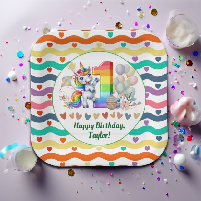 Colourful Rainbow and Unicorn 1st Birthday Party Paper Plate (Creator Uploaded)