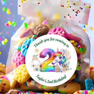 Colourful Rainbow and Unicorn 2nd Birthday Party Classic Round Sticker