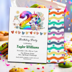 Colourful Rainbow and Unicorn 2nd Birthday Party Invitation