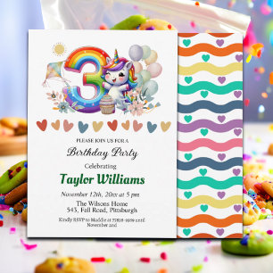 Colourful Rainbow and Unicorn 3rd Birthday Party Invitation