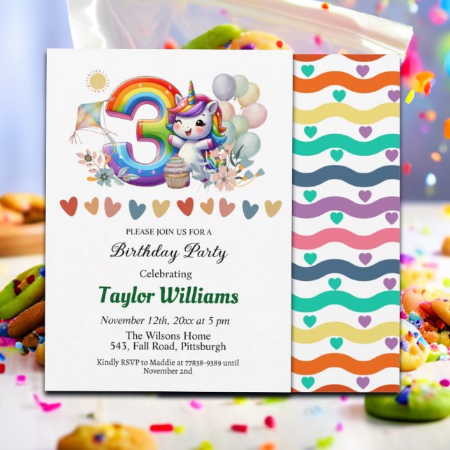 Colourful Rainbow and Unicorn 3rd Birthday Party Invitation (Creator Uploaded)