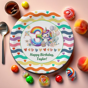 Colourful Rainbow and Unicorn 3rd Birthday Party Paper Plate