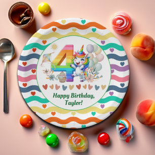 Colourful Rainbow and Unicorn 4th Birthday Party Paper Plate