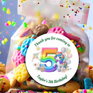 Colourful Rainbow and Unicorn 5th Birthday Party Classic Round Sticker