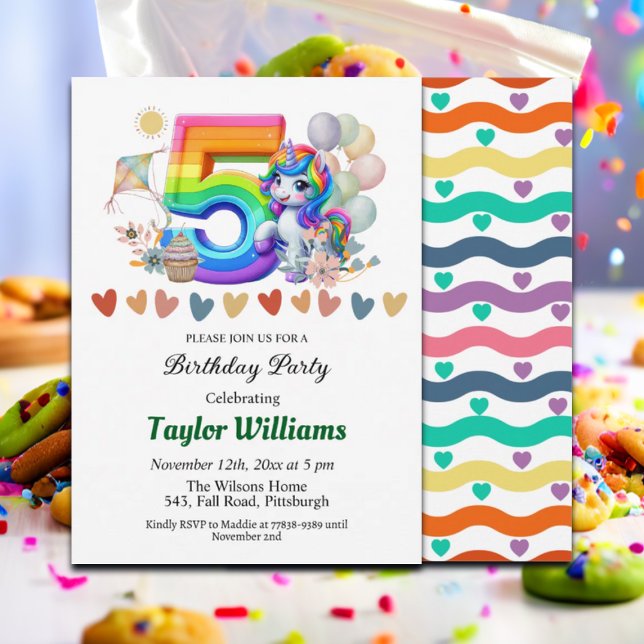 Colourful Rainbow and Unicorn 5th Birthday Party Invitation (Creator Uploaded)