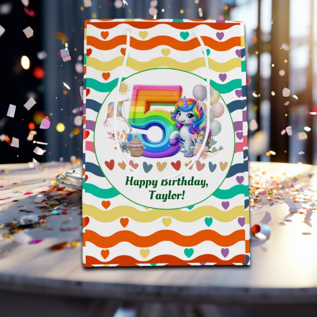 Colourful Rainbow and Unicorn 5th Birthday Party Medium Gift Bag (Creator Uploaded)