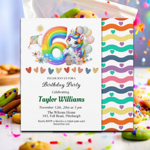 Colourful Rainbow and Unicorn 6th Birthday Party Invitation
