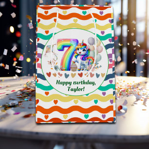 Colourful Rainbow and Unicorn 7th Birthday Party Medium Gift Bag