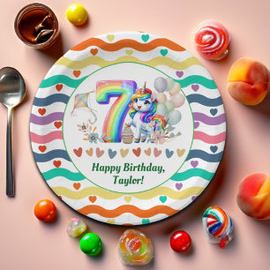 Colourful Rainbow and Unicorn 7th Birthday Party Paper Plate