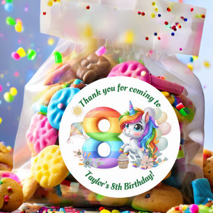 Colourful Rainbow and Unicorn 8th Birthday Party Classic Round Sticker