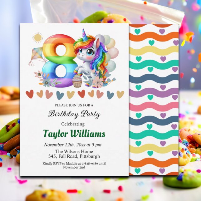 Colourful Rainbow and Unicorn 8th Birthday Party Invitation (Creator Uploaded)