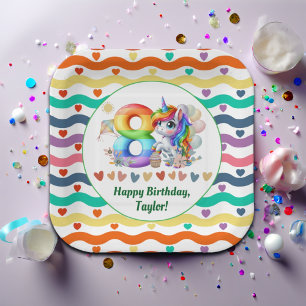 Colourful Rainbow and Unicorn 8th Birthday Party Paper Plate