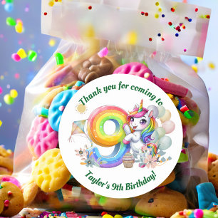 Colourful Rainbow and Unicorn 9th Birthday Party Classic Round Sticker