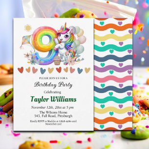 Colourful Rainbow and Unicorn 9th Birthday Party Invitation