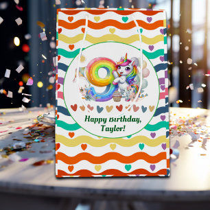 Colourful Rainbow and Unicorn 9th Birthday Party Medium Gift Bag