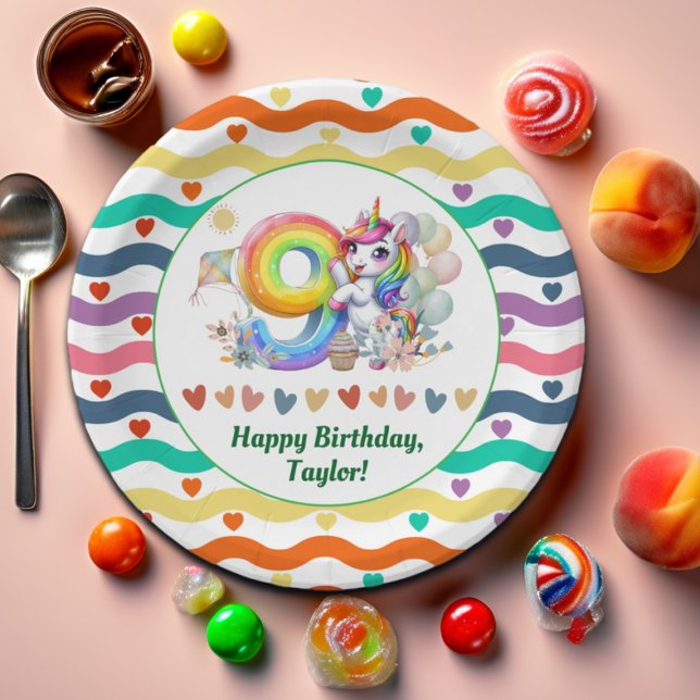 Colourful Rainbow and Unicorn 9th Birthday Party Paper Plate (Creator Uploaded)