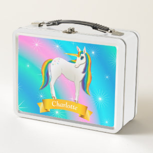 Colourful Rainbow and White Magical Unicorn Metal Lunch Box