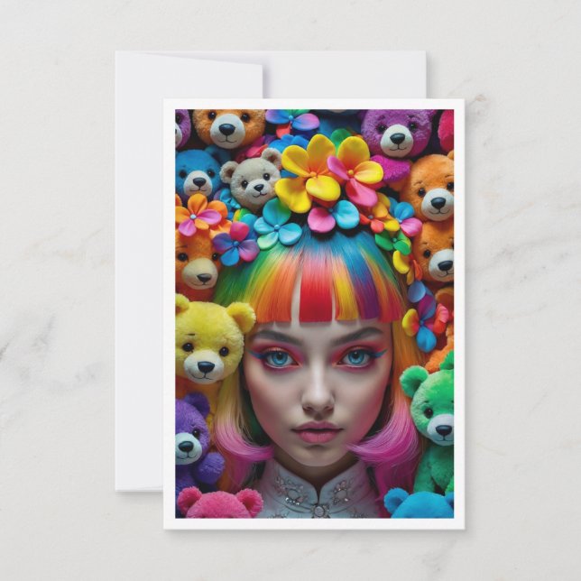 Colourful Rainbow Anime Girl With Flowers and Bear Thank You Card (Front)