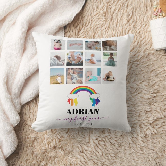Colourful Rainbow Baby First Year Photo Collage  Cushion (Blanket)