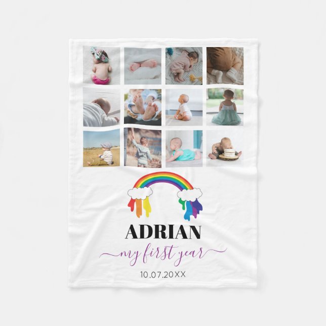 Colourful Rainbow Baby First Year Photo Collage Fleece Blanket (Front)