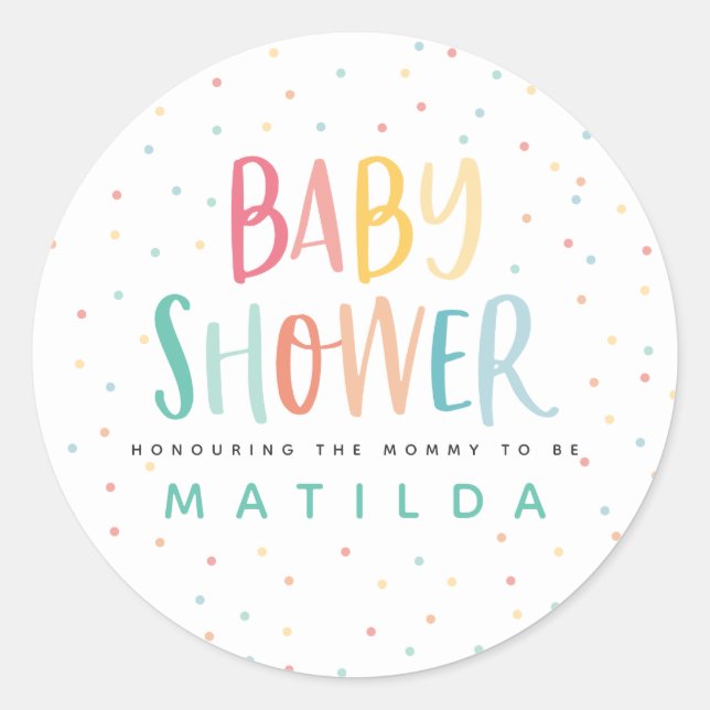 Colourful rainbow baby shower party classic round sticker (Front)