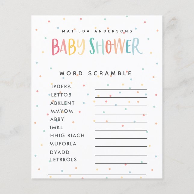 Colourful rainbow baby shower party game flyer (Front)