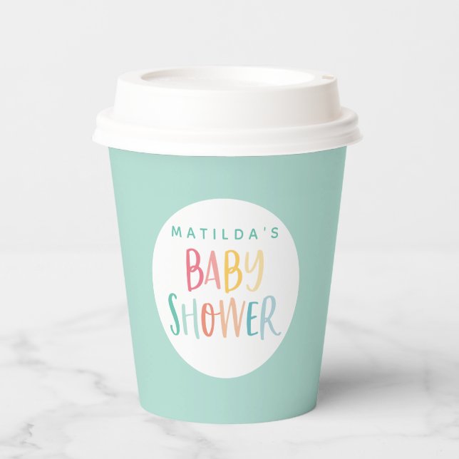 Colourful rainbow baby shower party paper cups (Front)