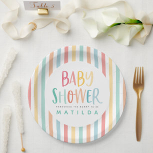 Colourful rainbow baby shower party paper plate
